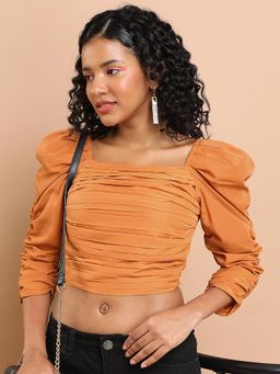 TOKYO TALKIES - Brown Puff Sleeves Smocked Ruched Fitted Crop Top