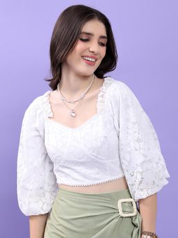 TOKYO TALKIES - White Self Design Puff Sleeve Crop Top
