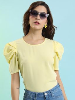 TOKYO TALKIES - Yellow Round Neck Puff Sleeves Top