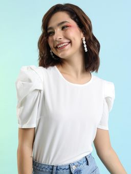 TOKYO TALKIES - White Round Neck Puff Sleeves Top