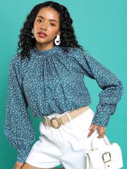TOKYO TALKIES - Teal Blue Floral Printed Top