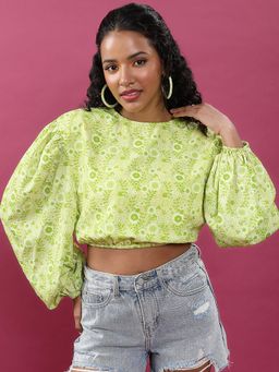TOKYO TALKIES - Lime Green Floral Printed Puff Sleeves Crop Top