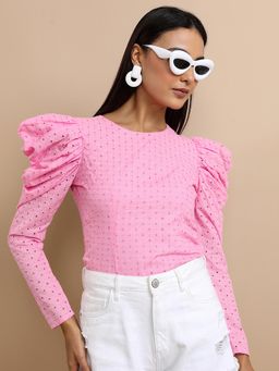 TOKYO TALKIES - Pink Schiffli Puff Sleeve Top