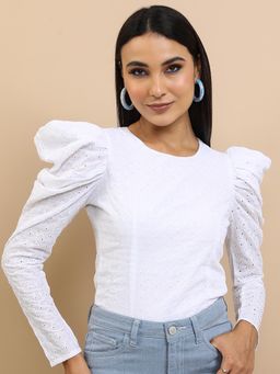 TOKYO TALKIES - White Schiffli Puff Sleeve Top