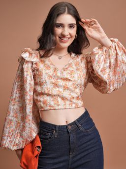 TOKYO TALKIES - Beige Floral Printed Fitted Crop Top