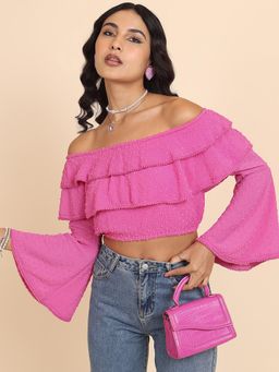 TOKYO TALKIES - Pink Self Design Off-Shoulder Bell Sleeve Crop Top