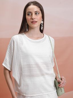 TOKYO TALKIES - Self Design Round Neck Short Sleeves Sleeve Cotton Top