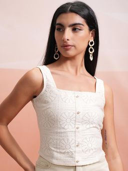 TOKYO TALKIES - Off White Self Design Crochet Crop Top