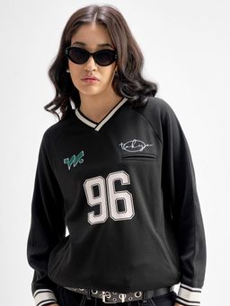 TOKYO TALKIES - Women Black Chest Printed V Neck Full Sleeve Top
