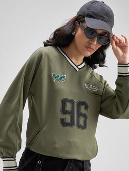 TOKYO TALKIES - Women Olive Chest Printed V Neck Full Sleeve Top
