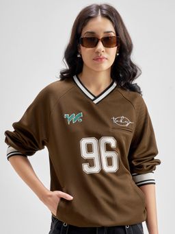 TOKYO TALKIES - Women Brown Chest Printed V Neck Full Sleeve Top