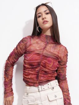 TOKYO TALKIES - Women Printed High Neck Fitted Crop Top with Inner