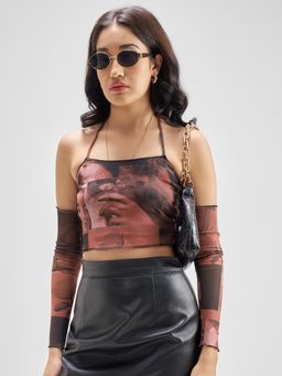 TOKYO TALKIES - Women Rust Printed Crop Top with Pair of Sleeves