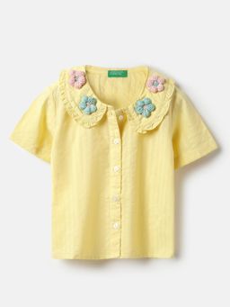 United Colors of Benetton - Peter Pan Collar Crochet Flowers Seersucker Shirt