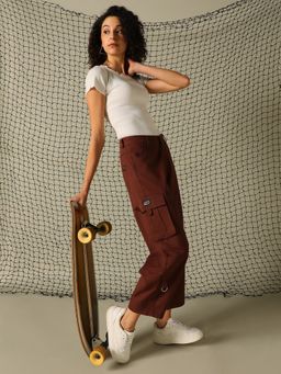 Hubberholme - Women Regular Solid Mom Fit Cotton High- Rise Trousers