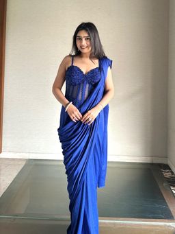 Glamique by Gungun - Royal Blue Pre-Draped Saree with Stitched Blouse