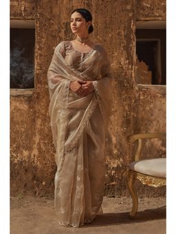 Geroo Luxe - Beige Pure Tissue Saree with Unstitched Blouse