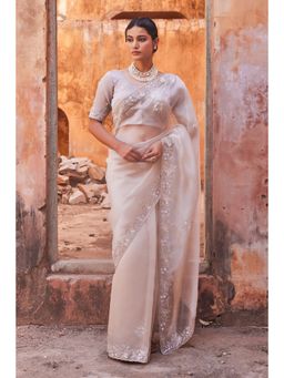 Geroo Luxe - Sheer Dusty Silver Pure Tissue Saree with Unstitched Blouse