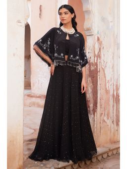Geroo Luxe - Black Mukaish Lehenga with Blouse and Cape