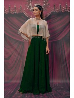Geroo Luxe - Green Mukaish Lehenga with Blouse and Cape