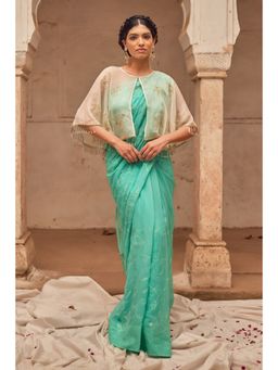 Geroo Luxe - Aqua Embroidered Saree with Unstitched Blouse and Cape