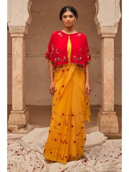 Geroo Luxe - Yellow Embroidered Saree with Unstitched Blouse and Cape