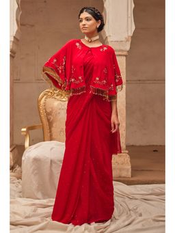 Geroo Luxe - Red Mukaish Saree with Unstitched Blouse and Cape