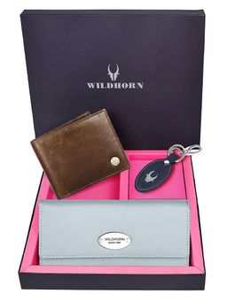 WILDHORN - Premium Leather Ladies Wallet, Mens Wallet and Keychain Gift -1K_EBL_2052BRC_K (Set of 3)