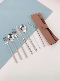 Kuber Industries - Portable 7-Piece Stainless Steel Food-Grade Utensil Set (Brown Cover)