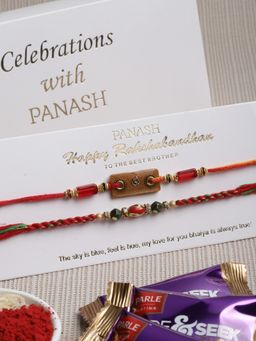PANASH - Men Set Of 2 Red Beads Handcrafted Rakhis With Chocolate & Roli Chawal