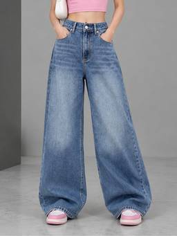 VBEAUTI - Women Blue Tint Ice Wide Leg Stretchable High Rise Jeans