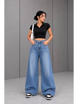 VBEAUTI - Women's Blue Tint Ice Wide Leg Stretchable High Rise Jeans
