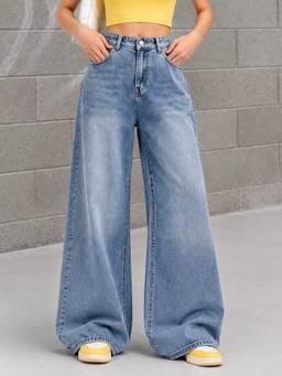 VBEAUTI - Blue Women Tint Ice Wide Leg Stretchable High Rise Jeans