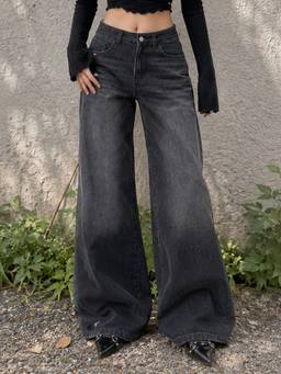VBEAUTI - Black Tint Black Wide Leg Stretchable High Rise Jeans