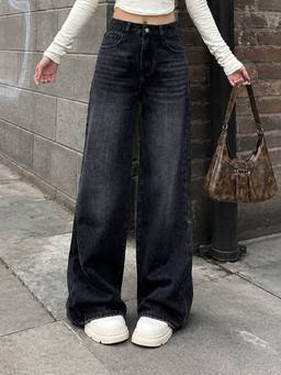VBEAUTI - Women Black Tint Black Wide Leg Stretchable High Rise Jeans