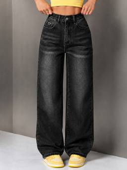 VBEAUTI - Black Women Tint Black Wide Leg Stretchable High Rise Jeans