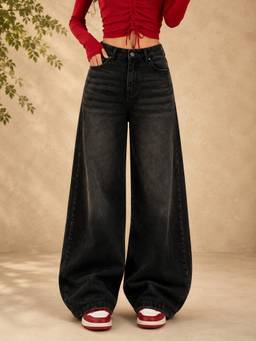 VBEAUTI - Womens Black Tint Black Wide Leg Stretchable High Rise Jeans