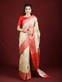 EXCLUSIVA - Cream Cotton Saree Zari Woven Work with Unstitched Blouse
