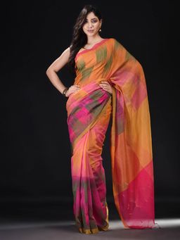 Beatitude - Orange Blended Cotton Woven Saree with Unstitched Blouse