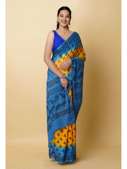 Unnati Silks - Yellow Pure Dyed Hand Block Printed Soft Cotton Saree with Unstitched Blouse