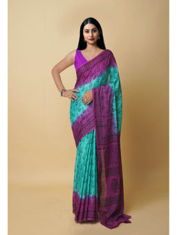 Unnati Silks - Turquoise Pure Dyed Hand Block Printed Soft Cotton Saree with Unstitched Blouse