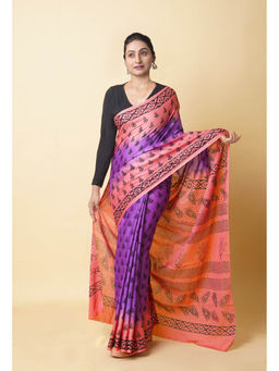 Unnati Silks - Purple Pure Dyed Hand Block Printed Soft Cotton Saree with Unstitched Blouse