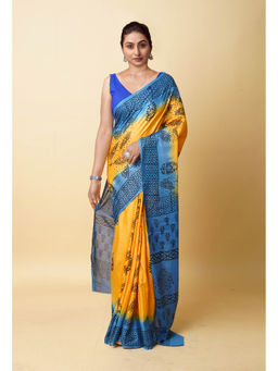 Unnati Silks - Yellow Pure Dyed Hand Block Printed Soft Cotton Saree with Unstitched Blouse