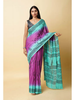 Unnati Silks - Purple Pure Dyed Hand Block Printed Soft Cotton Saree with Unstitched Blouse