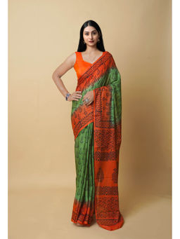 Unnati Silks - Green Pure Dyed Hand Block Printed Soft Cotton Saree with Unstitched Blouse