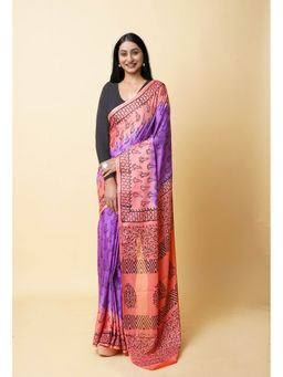 Unnati Silks - Purple Pure Dyed Hand Block Printed Soft Cotton Saree with Unstitched Blouse