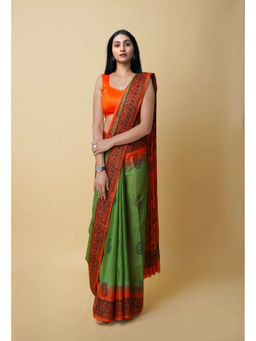 Unnati Silks - Green Pure Dyed Hand Block Printed Soft Cotton Saree with Unstitched Blouse