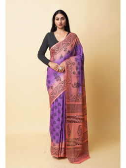Unnati Silks - Purple Pure Dyed Hand Block Printed Soft Cotton Saree with Unstitched Blouse