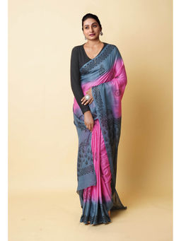 Unnati Silks - Pink Pure Dyed Hand Block Printed Soft Cotton Saree with Unstitched Blouse