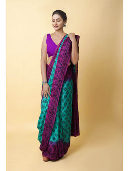 Unnati Silks - Turquoise Pure Dyed Hand Block Printed Soft Cotton Saree with Unstitched Blouse